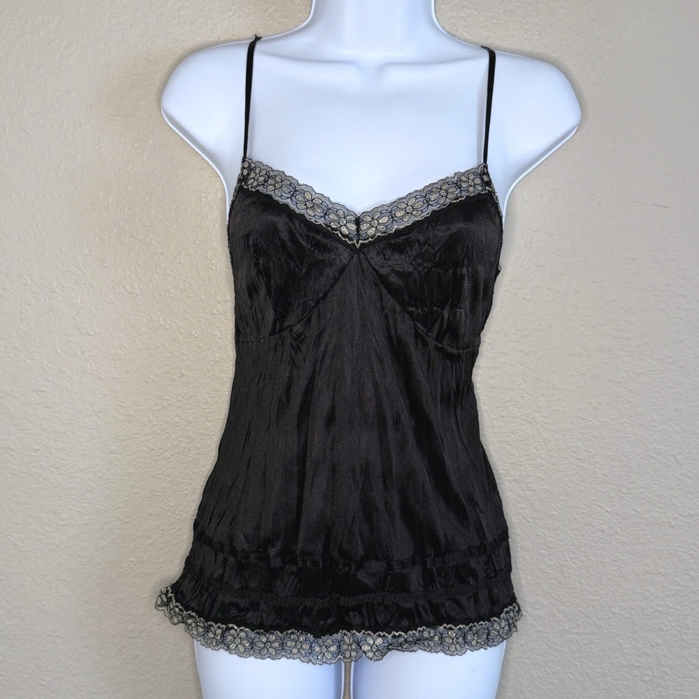 Dark Coquette Y2K Fairy Black Satin Gold Lace Trim Camisole Top Size Medium